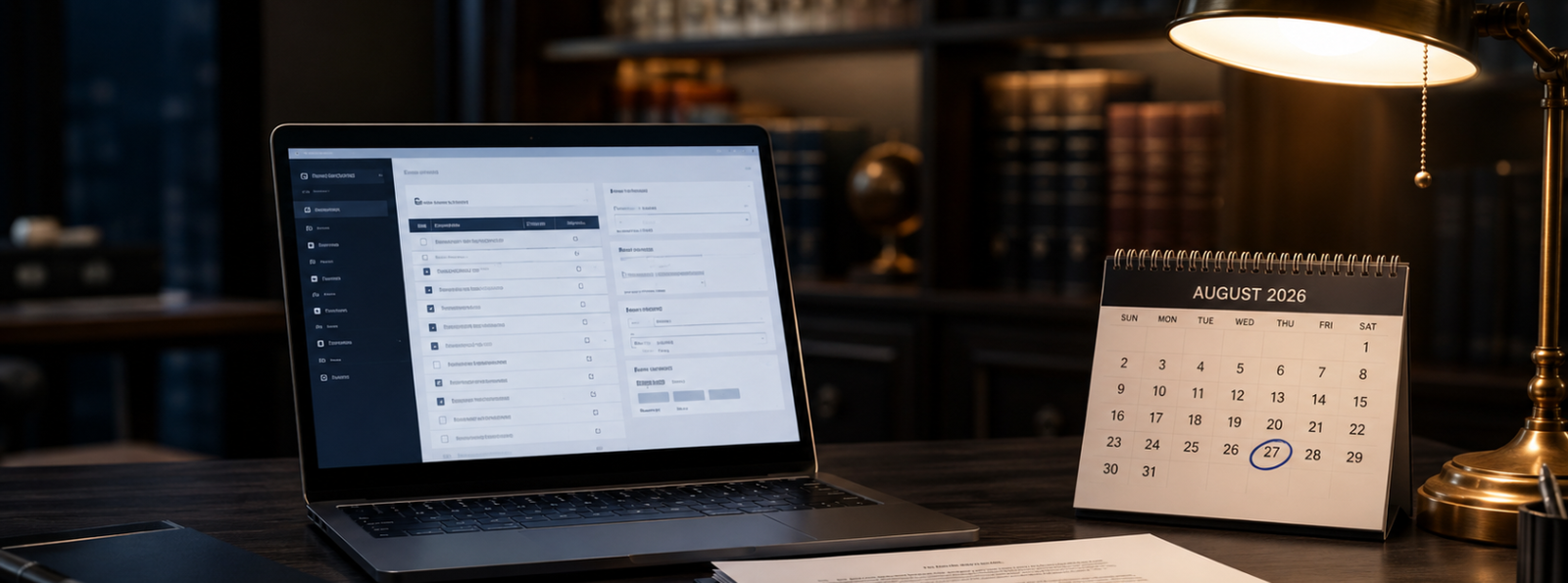 Escritorio ejecutivo con laptop mostrando registro digital RNBD y documento legal sobre reporte de reclamos ante la SIC