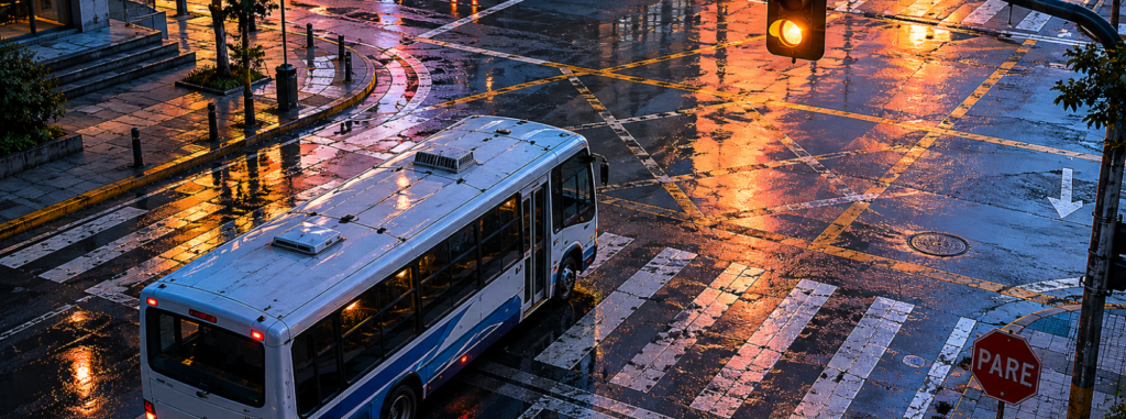 Cruce urbano con bus de transporte detenido — responsabilidad civil accidentes de tránsito